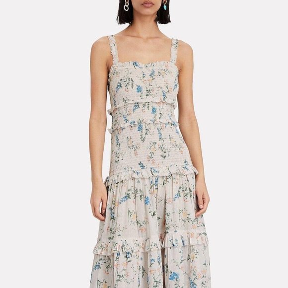 Saylor Altea Smocked Floral Printed Cotton Midi Dress Ruffle Tiered S New - Picture 3 of 11